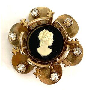 Carved One Piece Cameo Brooch/Pin White Cameo on Black Background Rhinestones
